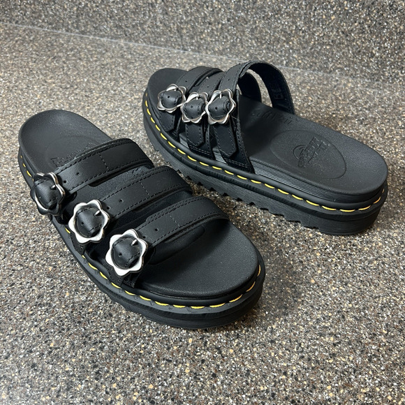 Dr. Martens Shoes - Dr. Martens Blaire Slide Flwr Sandals Straps Black Leather Women's 8 Lugged Sole
